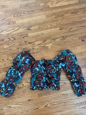 Floral Puff-Sleeve Smocked Crop Top in Teal & Rust